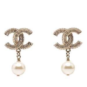 CHANEL Gold Pearl Logo Earrings